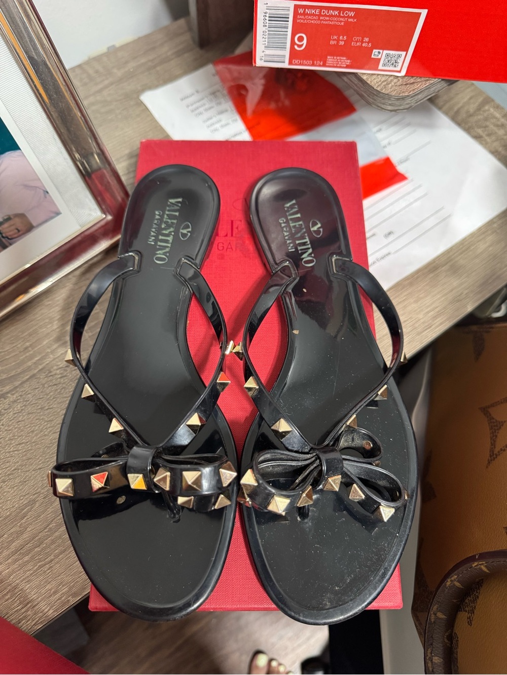Valentino Garavani Black Patent Studded Bow Thong Sandals